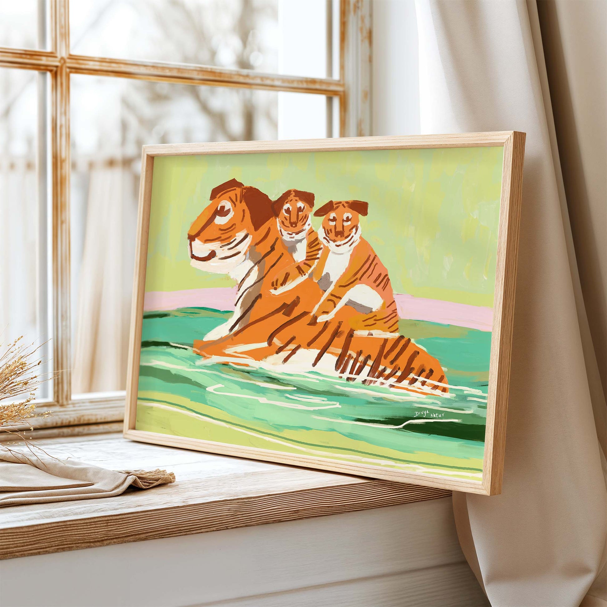 Modern tiger family print with mother tiger and cubs in water, colorful wildlife nursery wall art