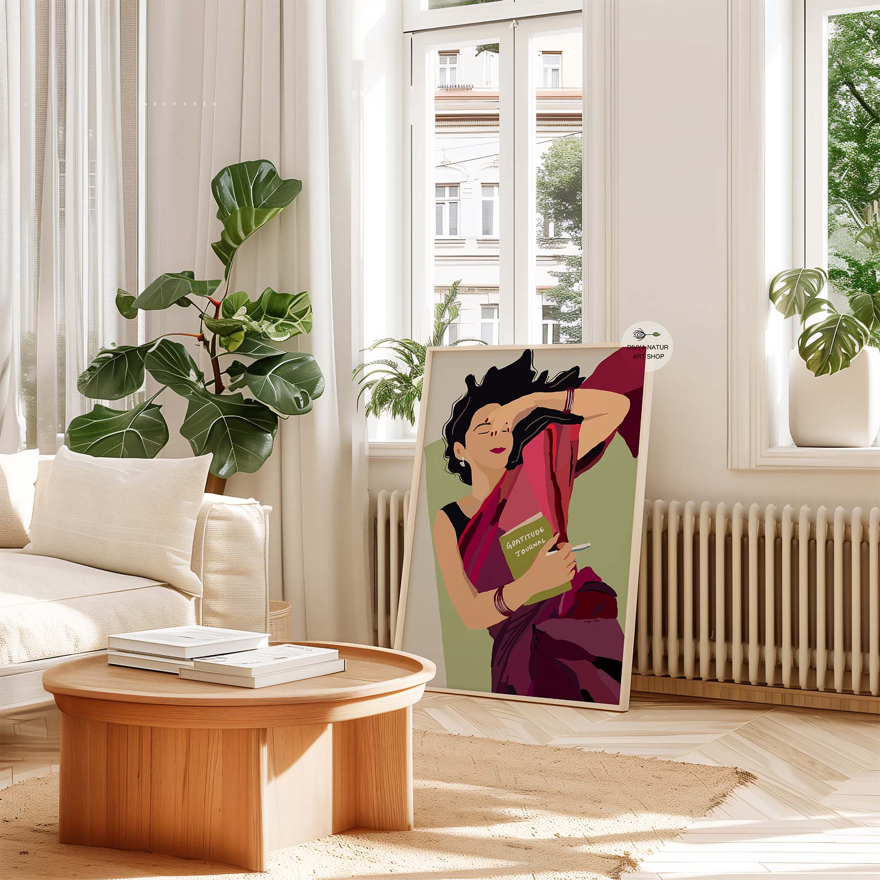 Indian cultural art featuring a woman in traditional attire with a journal.