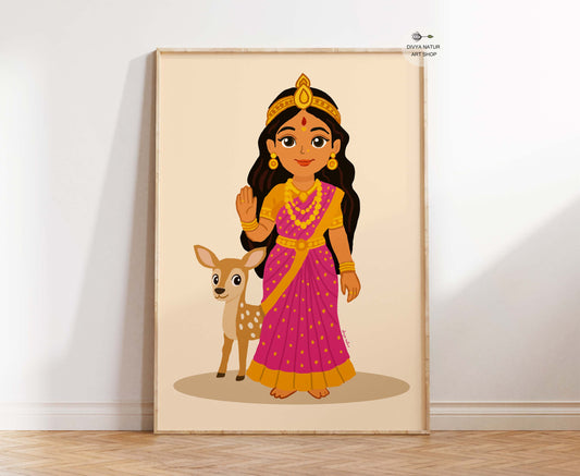 Baby Sita Devi artwork in pink saree with deer beside her, perfect for nursery or pooja room décor