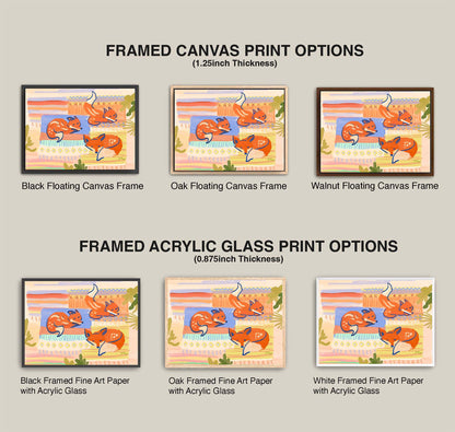 Comparison of framed canvas and acrylic glass print options with fox illustrations.