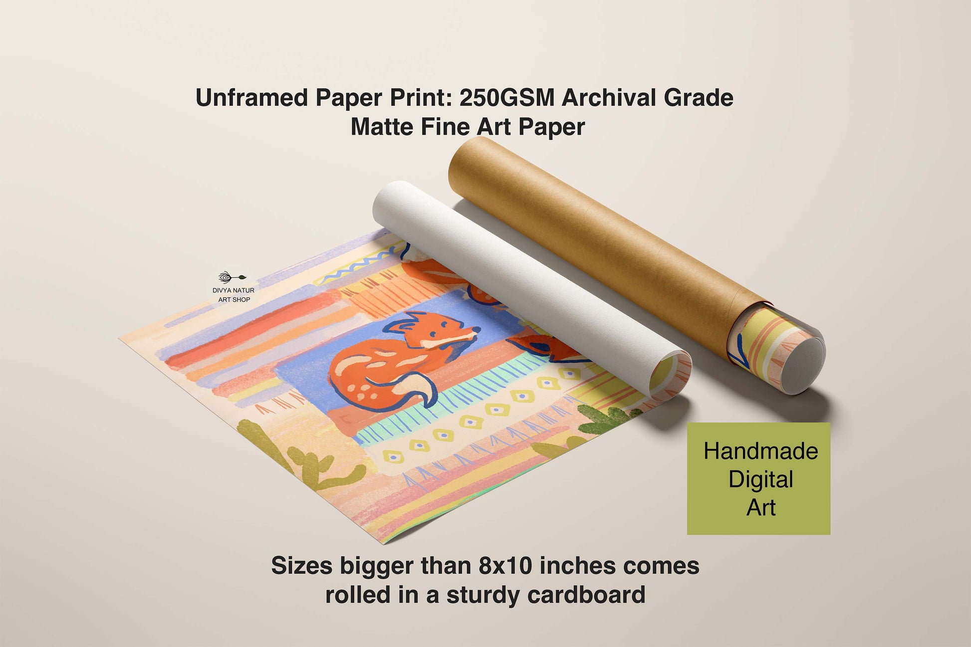 Unframed paper print with a colorful design of a fox, rolled in a cardboard sleeve on a beige background.