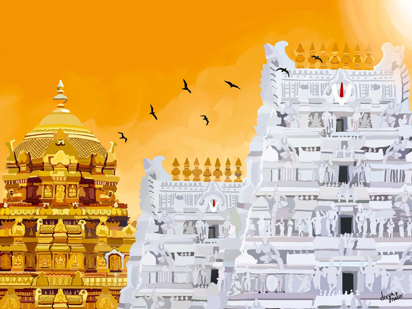 Tirupathi Balaji Temple Art Print | South Indian Gopuram Painting