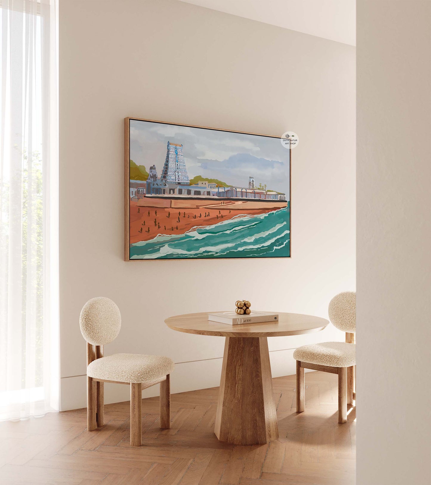 Thiruchendur coastal temple painting showing sacred gopuram and ocean waves.