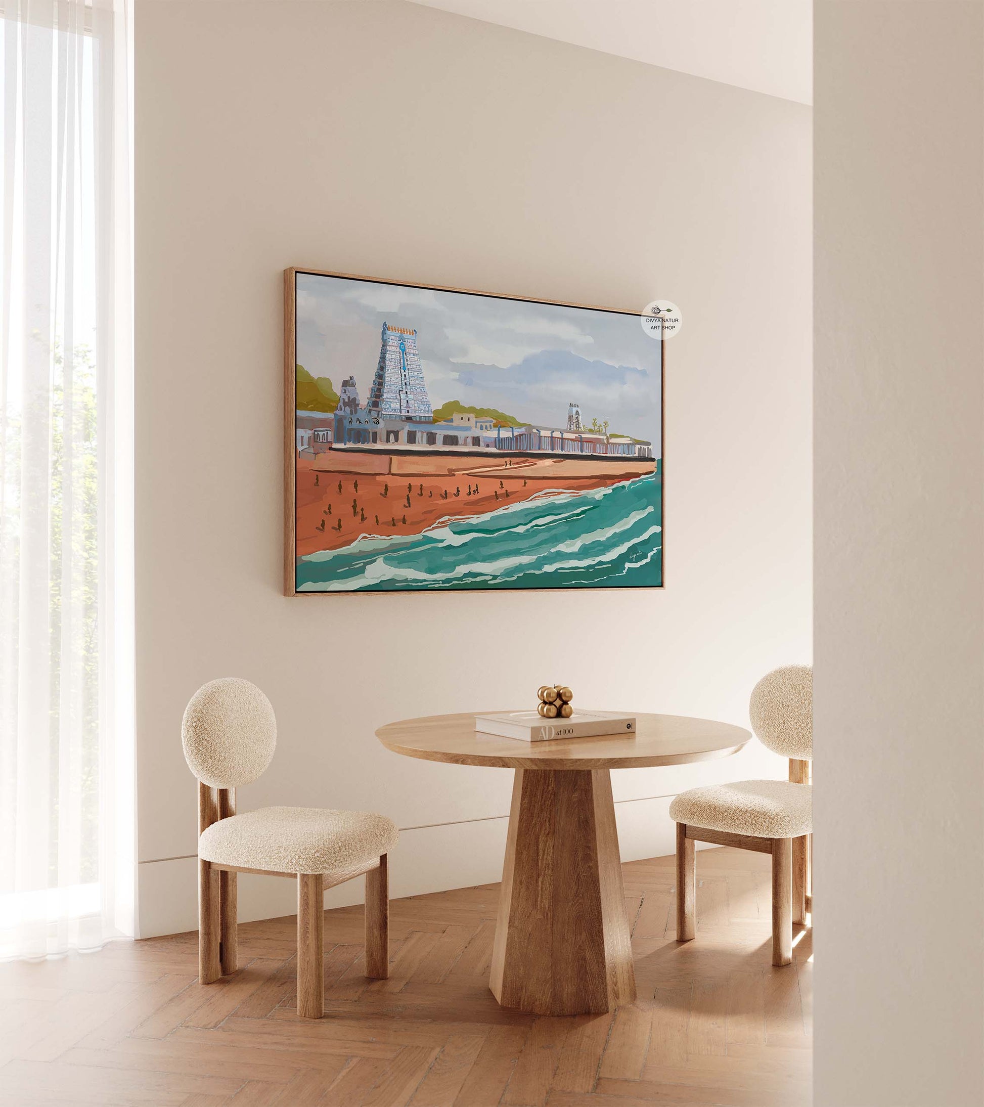 Thiruchendur coastal temple painting showing sacred gopuram and ocean waves.