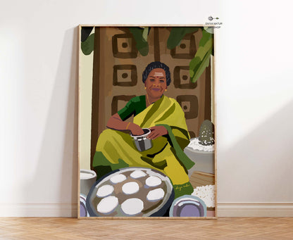 South Indian woman preparing idlis in traditional kitchen setting, Tamil culture fine art print.