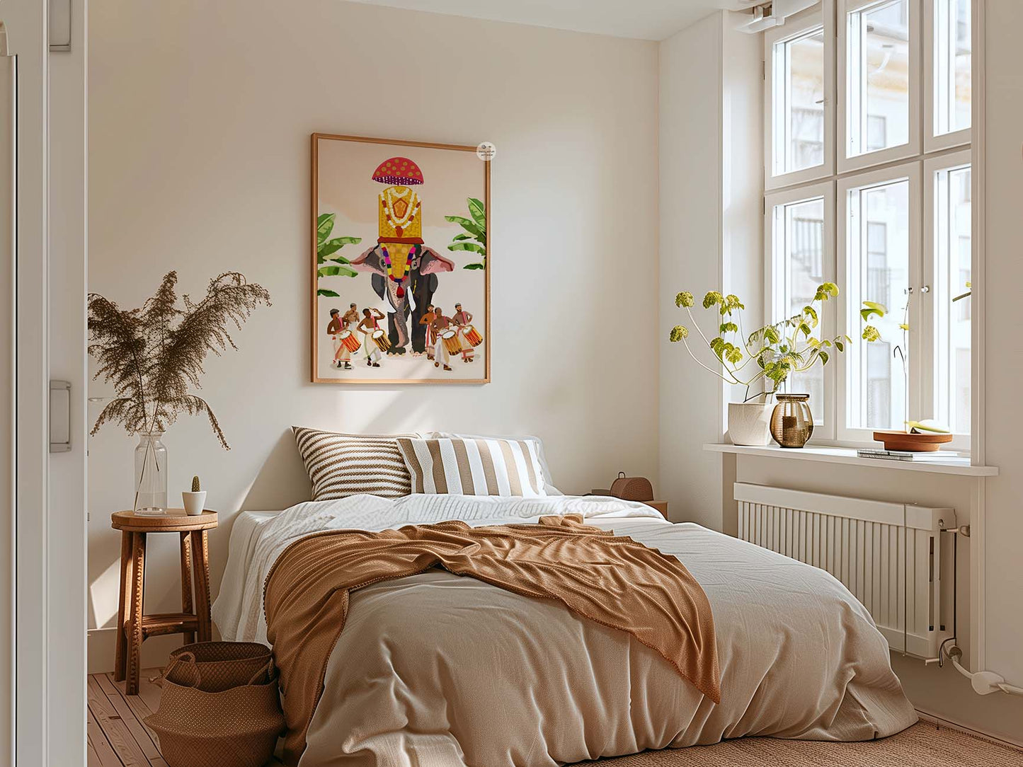 Kerala inspired fine art print of decorated elephant and traditional cultural performers