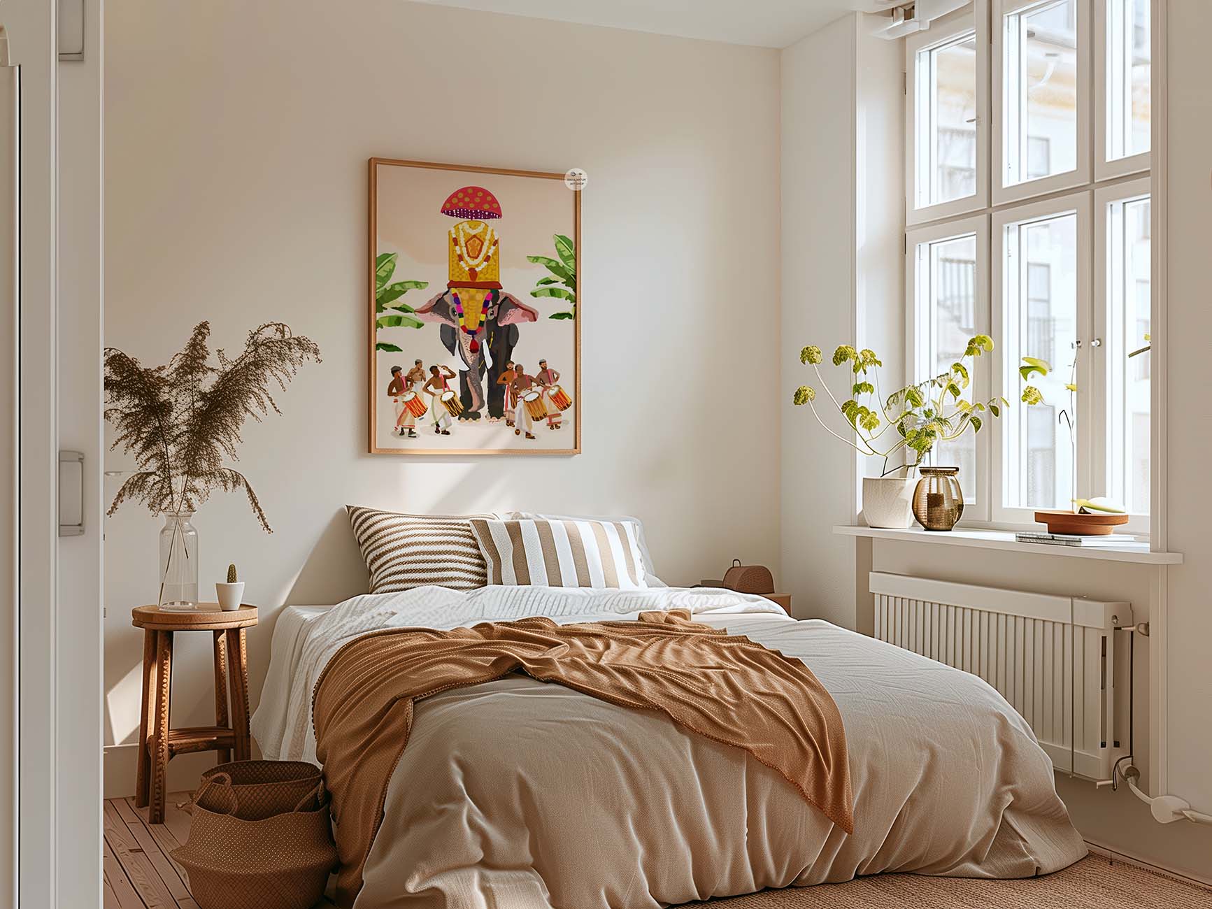 Kerala inspired fine art print of decorated elephant and traditional cultural performers