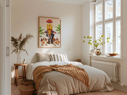 Kerala inspired fine art print of decorated elephant and traditional cultural performers