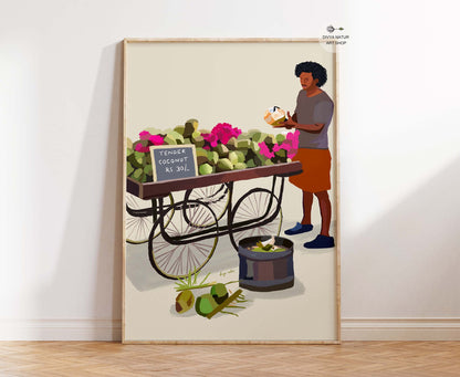 Fine art print showing tropical Indian coconut seller with fruit cart in warm modern tones.