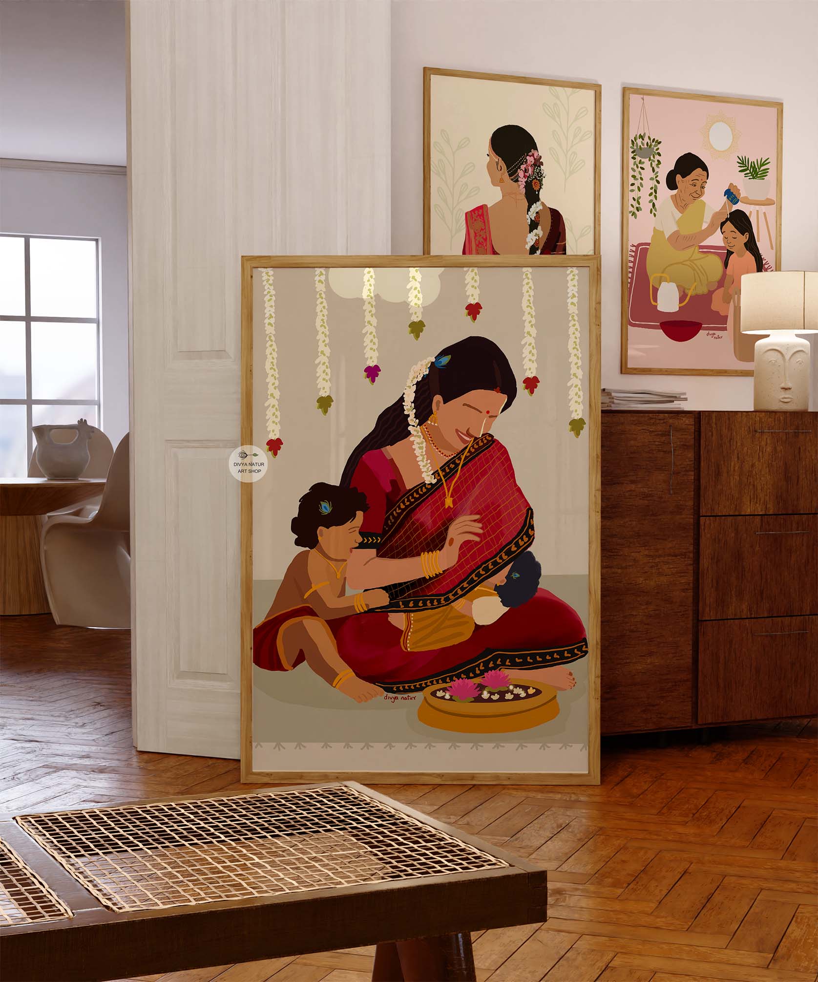 Illustration of Indian family love with mother and kids sitting together