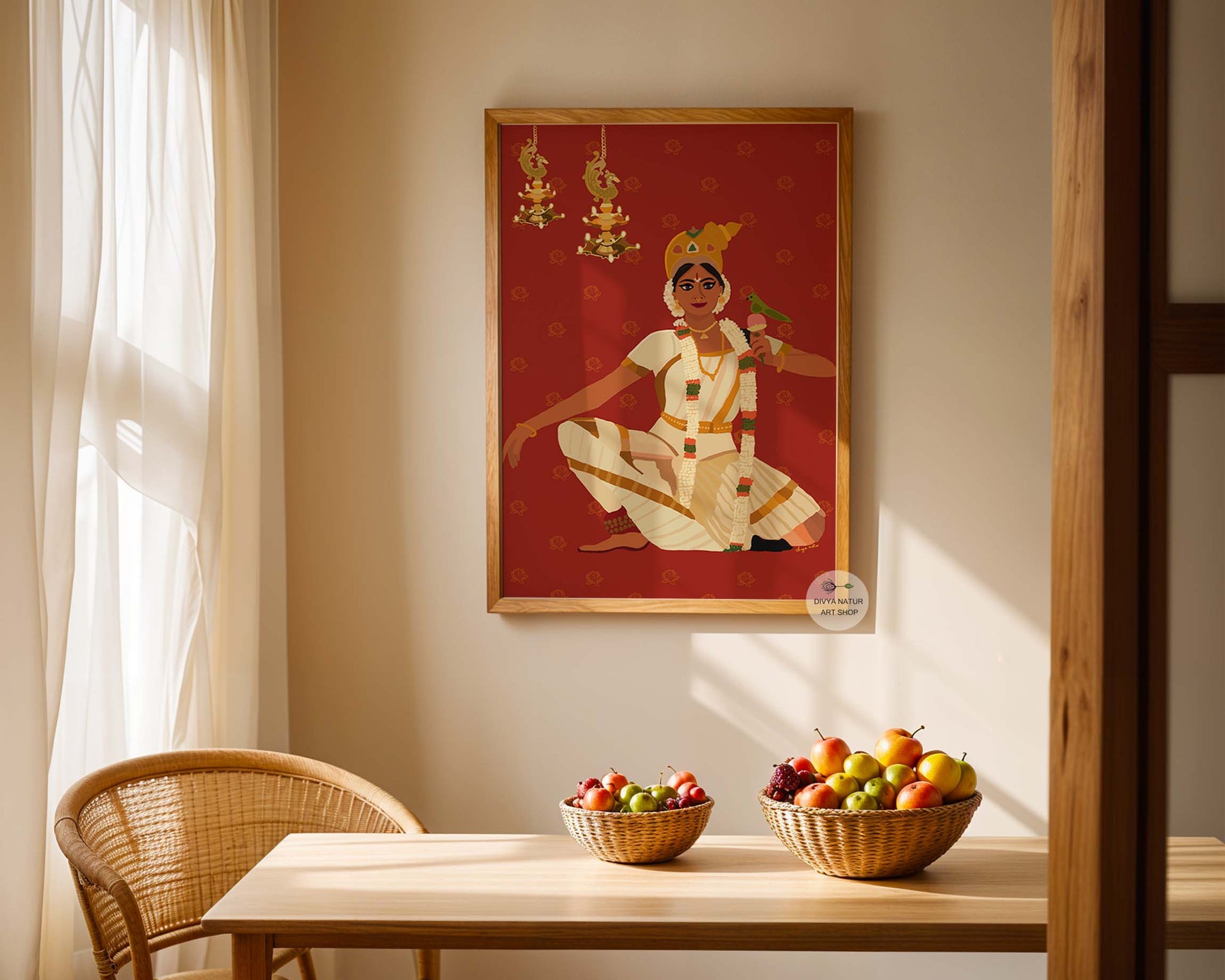 Classical Indian dance illustration with detailed jasmine garlands, gold ornaments and ceremonial oil lamps