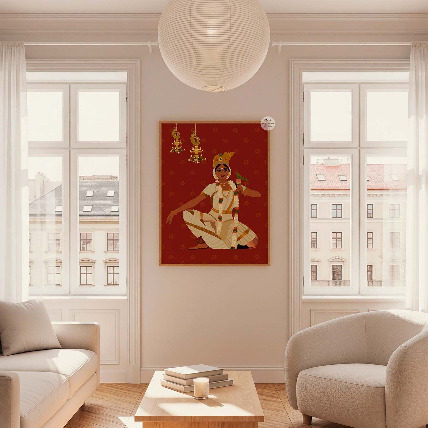 Temple aesthetic wall art featuring Indian classical dancer in traditional cream and gold costume