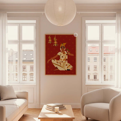 Temple aesthetic wall art featuring Indian classical dancer in traditional cream and gold costume