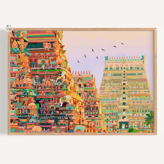 Hand-illustrated art print of Srirangam Ranganathaswamy Temple gopuram with vibrant details