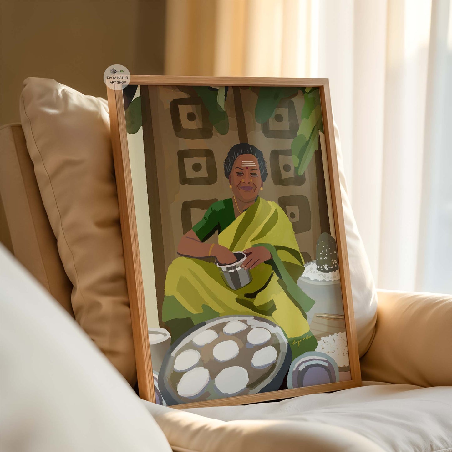 Handmade digital illustration of Indian woman making idlis, cultural kitchen wall art.