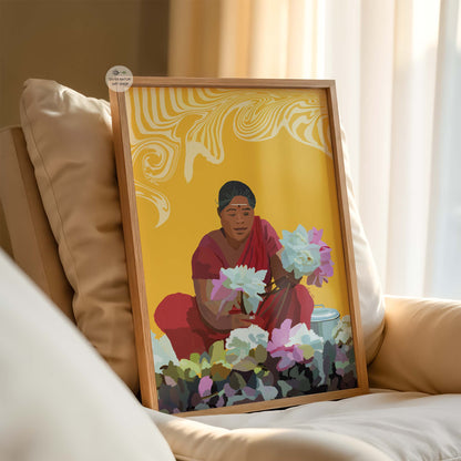 Hand-painted digital artwork of woman with lotus, inspired by Indian folk and temple art.