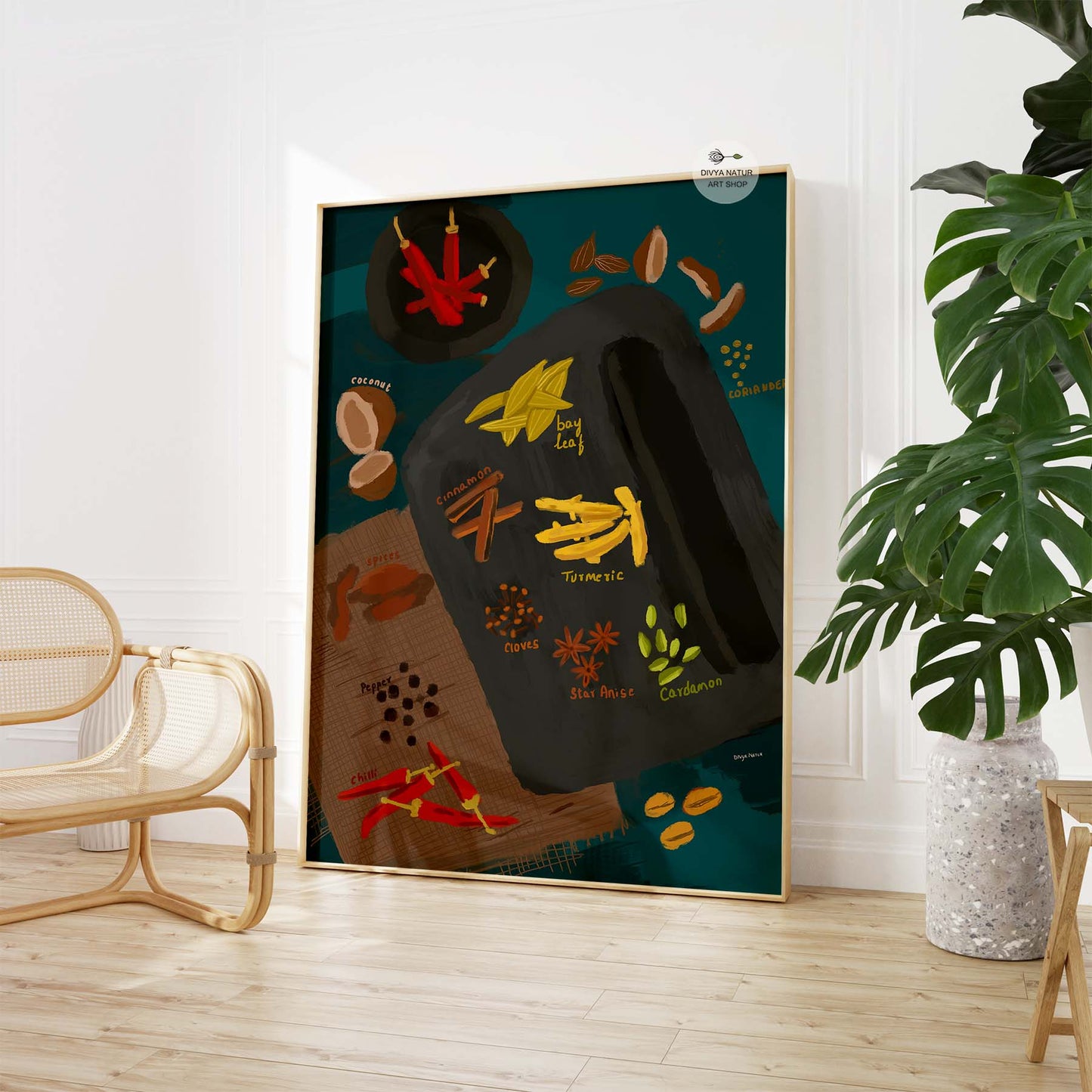 Hand-painted Indian spice illustration for rustic kitchen wall decor.