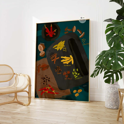 Hand-painted Indian spice illustration for rustic kitchen wall decor.