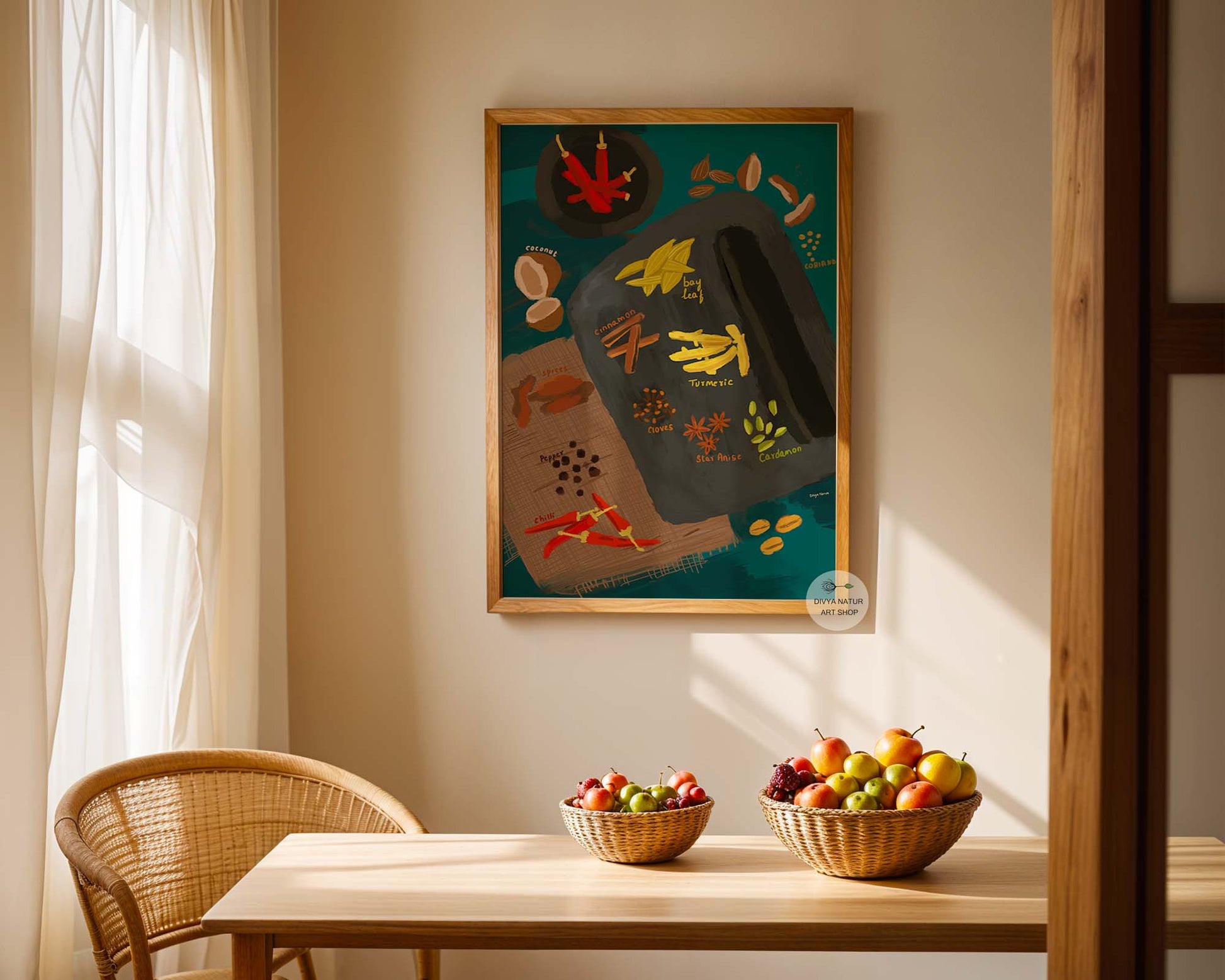 Kitchen art featuring hand-drawn turmeric, cardamom, and coriander spices.