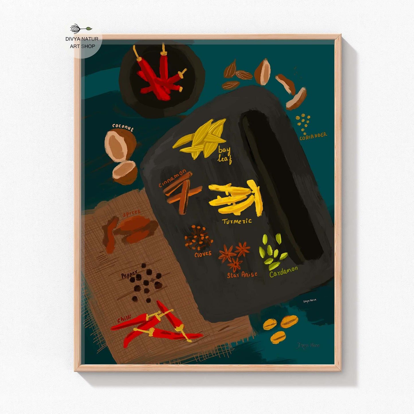 High-quality Indian spice illustration print for rustic or modern kitchens.