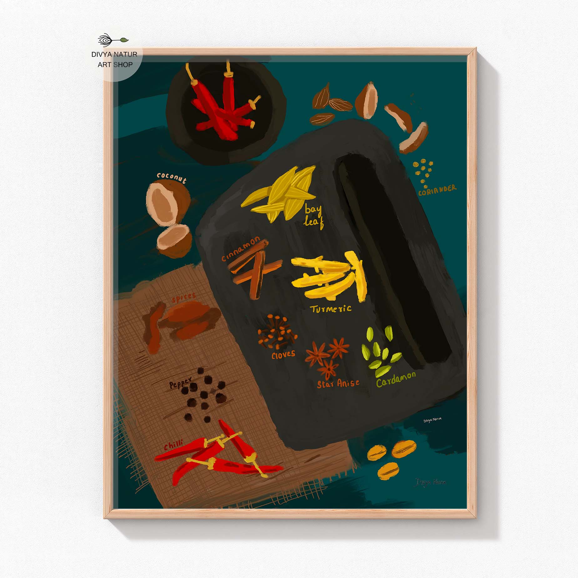 High-quality Indian spice illustration print for rustic or modern kitchens.