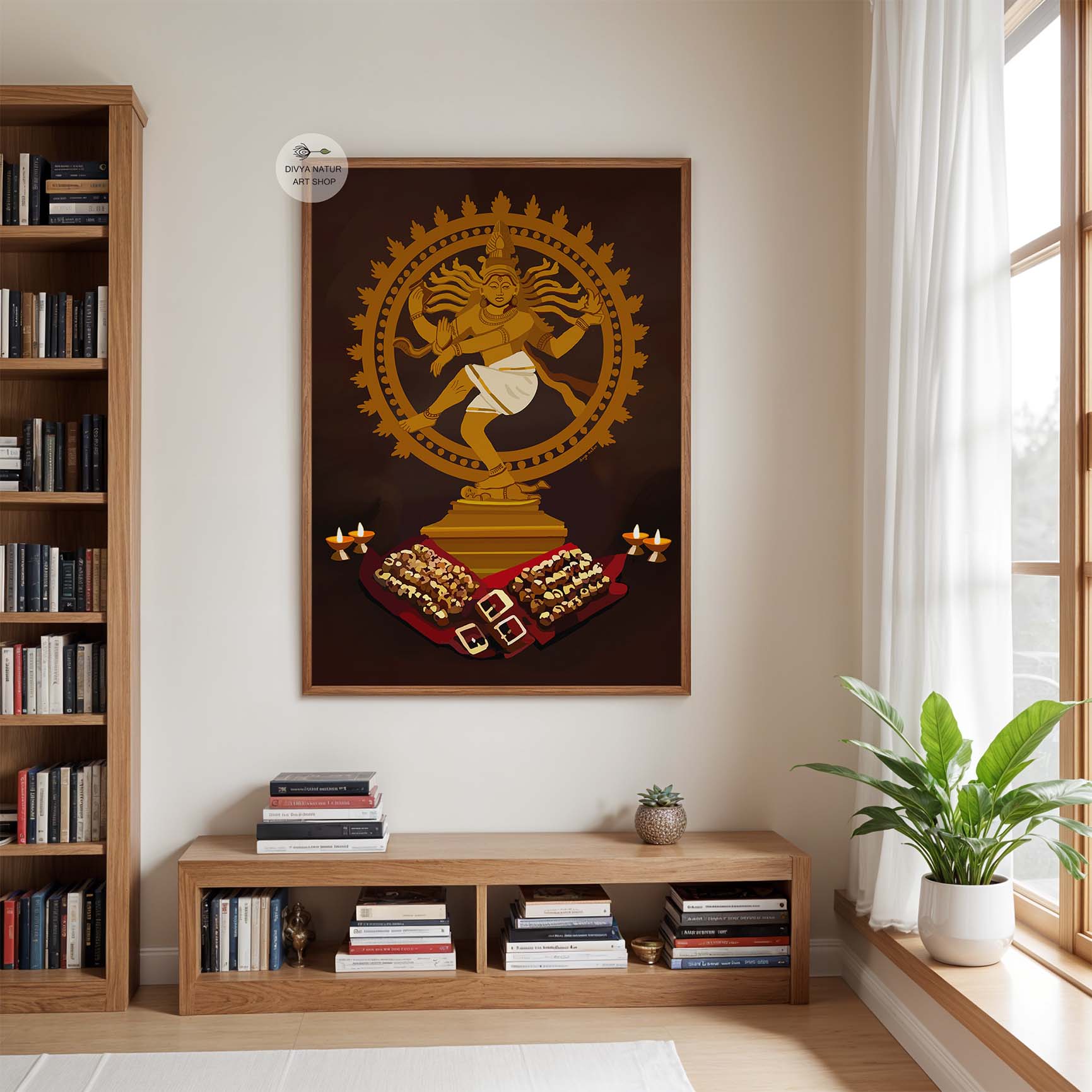 Divine wall decor print of Lord Shiva Nataraja with offerings and glowing golden background.