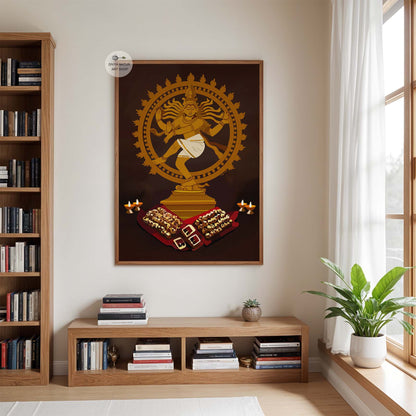 Divine wall decor print of Lord Shiva Nataraja with offerings and glowing golden background.
