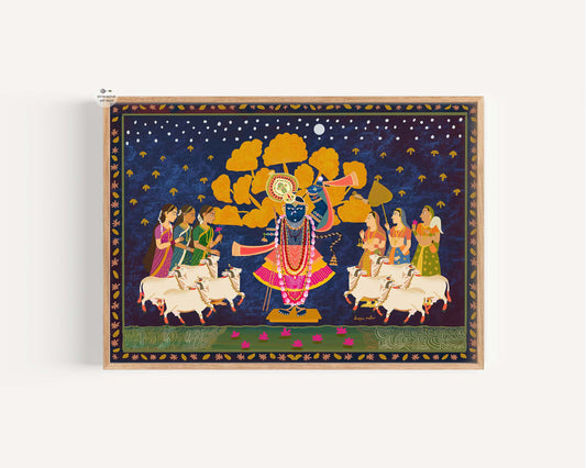 Krishna Pichwai art print with gopis, cows, and moonlit sky for spiritual décor
