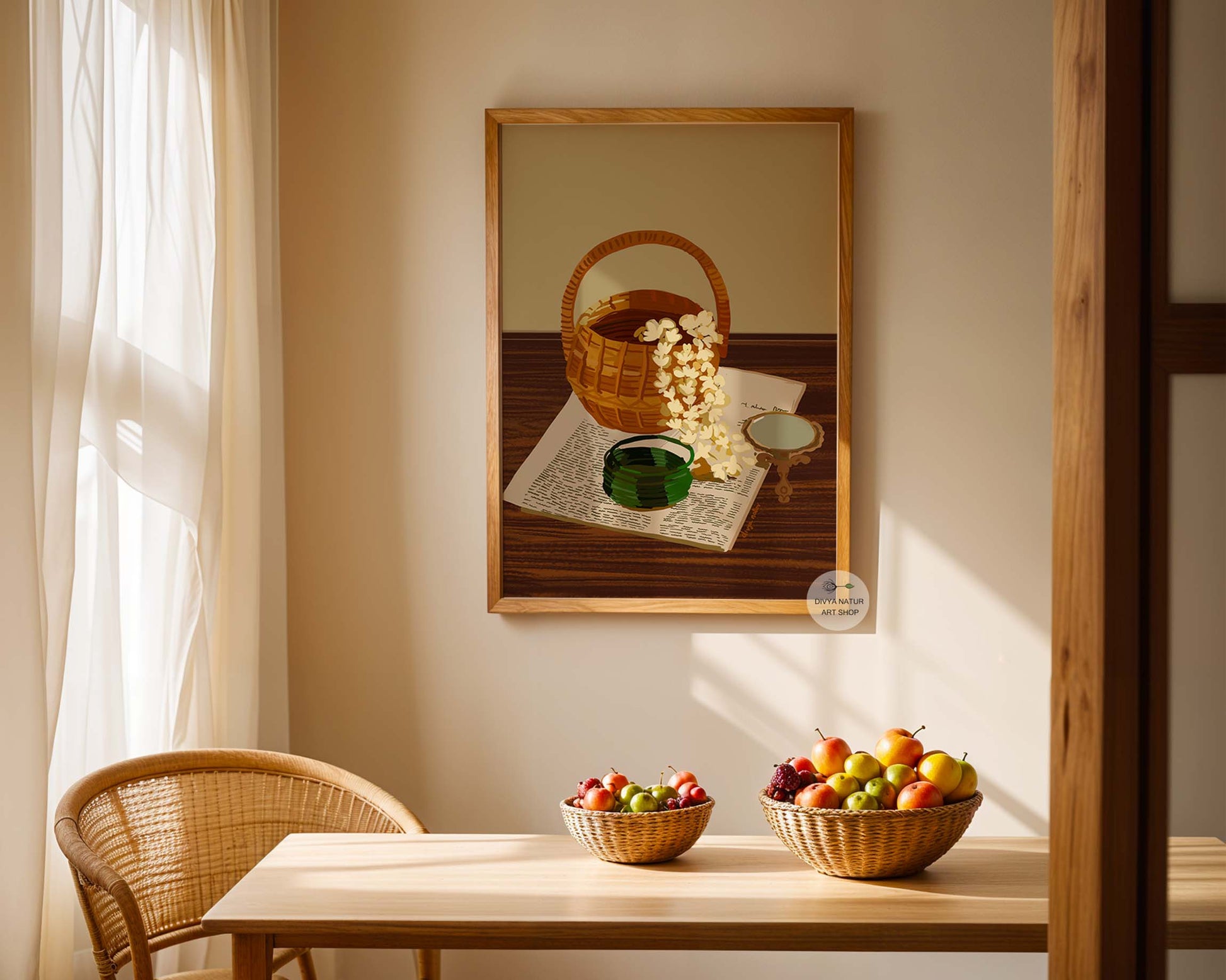 High-resolution Indian digital print of a vintage mirror and woven basket.