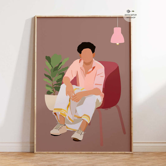 Minimalist faceless digital portrait of a man in ethnic attire.