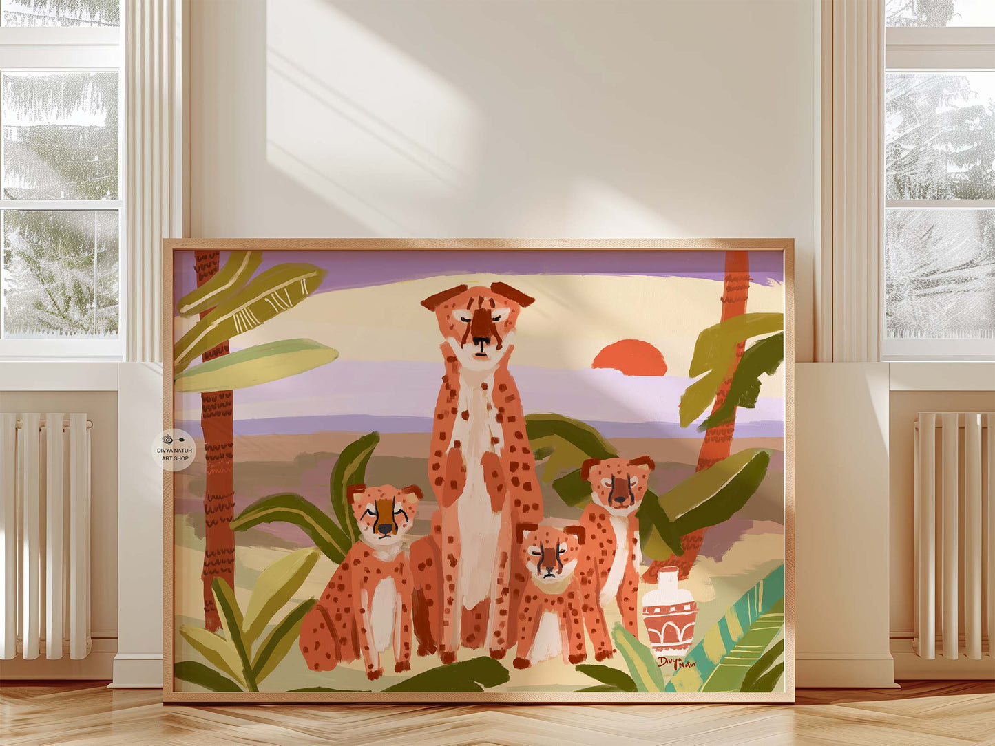 Cheetah family painting in boho style, symbolic wildlife wall art for nurseries and homes