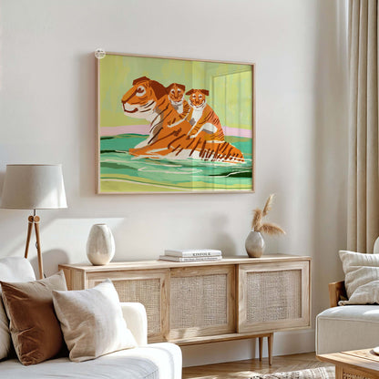 Fine art giclée print of a mother tiger carrying cubs, bold brushstrokes and warm tropical colors
