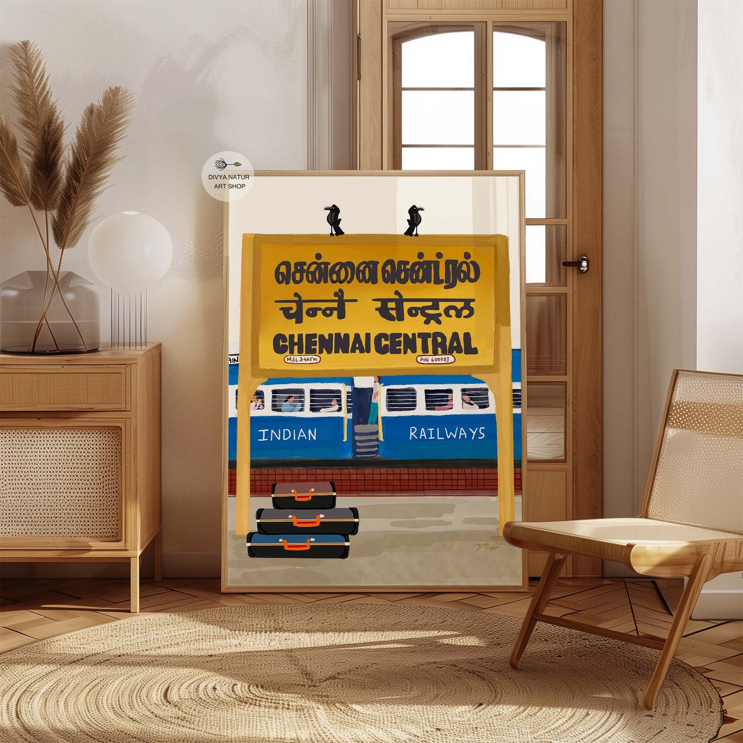 Chennai Central railway station digital illustration showcasing Tamil, Hindi, and English scripts.