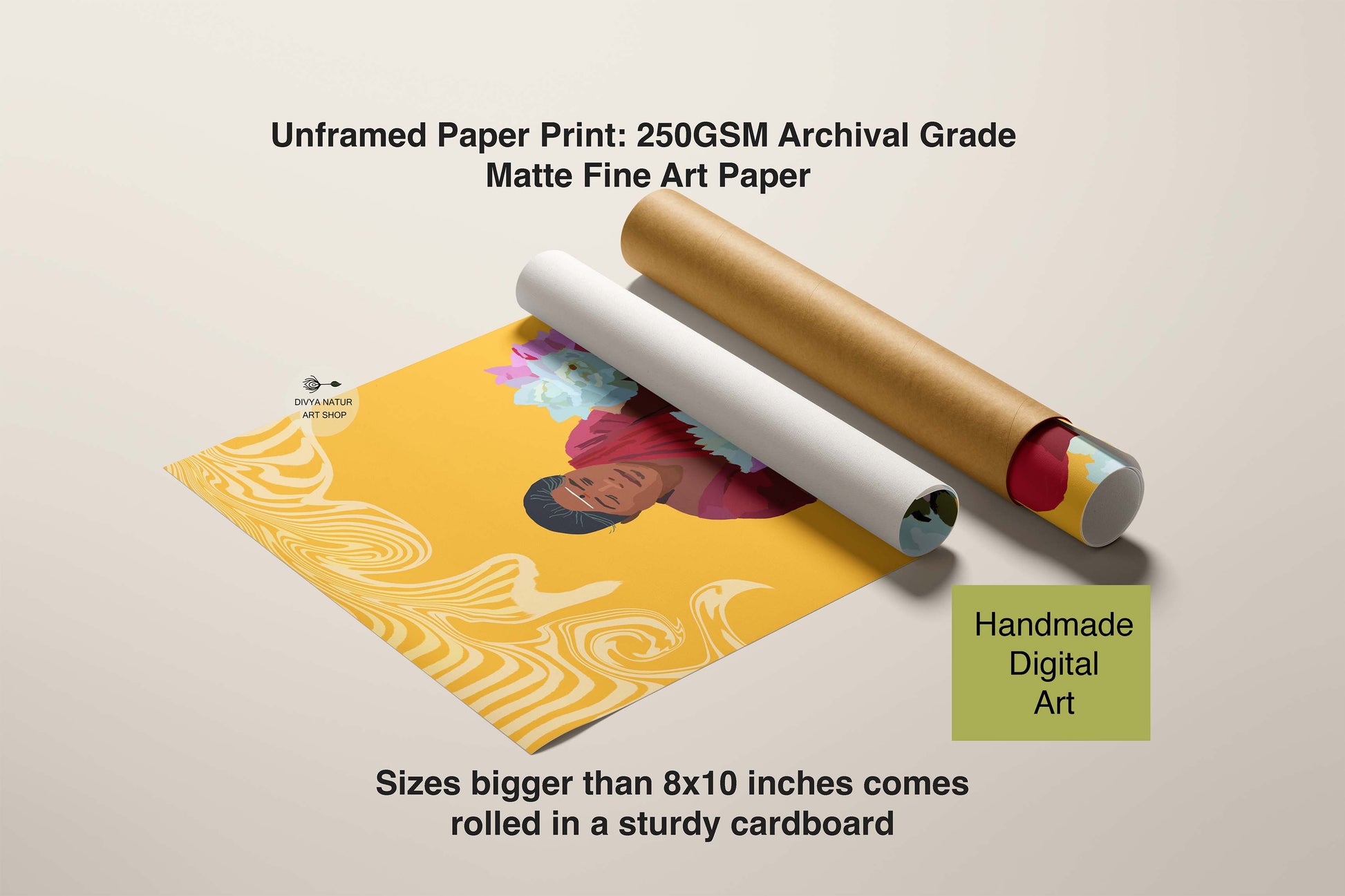 South Indian cultural artwork showing woman holding lotus, modern folk style painting.