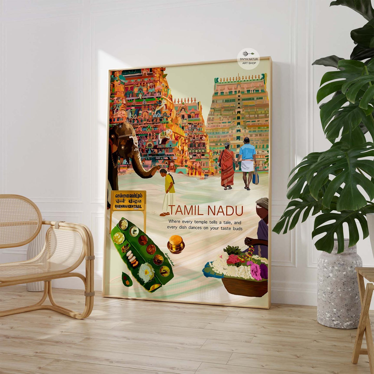 Tamil Nadu-inspired art print with cultural scenes, cuisine, and temple life.