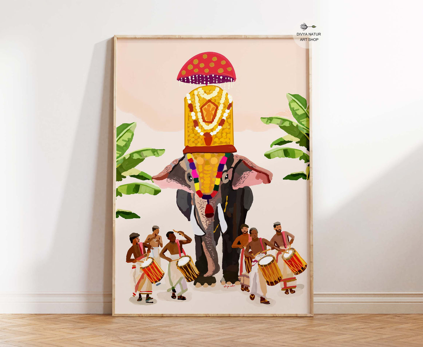 Kerala festival fine art print of decorated elephant with drummers performing traditional music