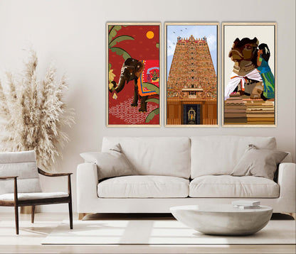 Indian Temple Triptych Wall Art – Elephant, Meenakshi Sannidhanam & Nandi