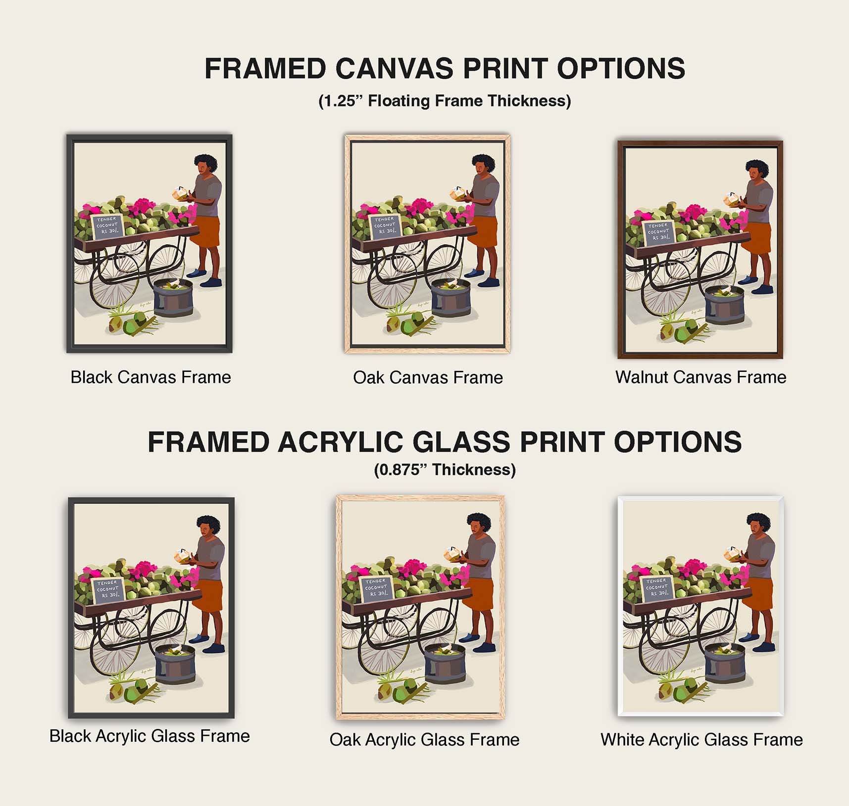 Tropical street scene art print of a man cutting coconuts beside a vibrant green cart.