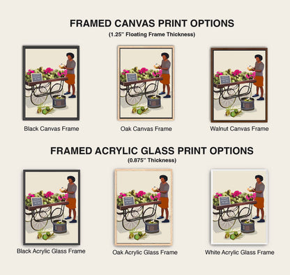 Tropical street scene art print of a man cutting coconuts beside a vibrant green cart.