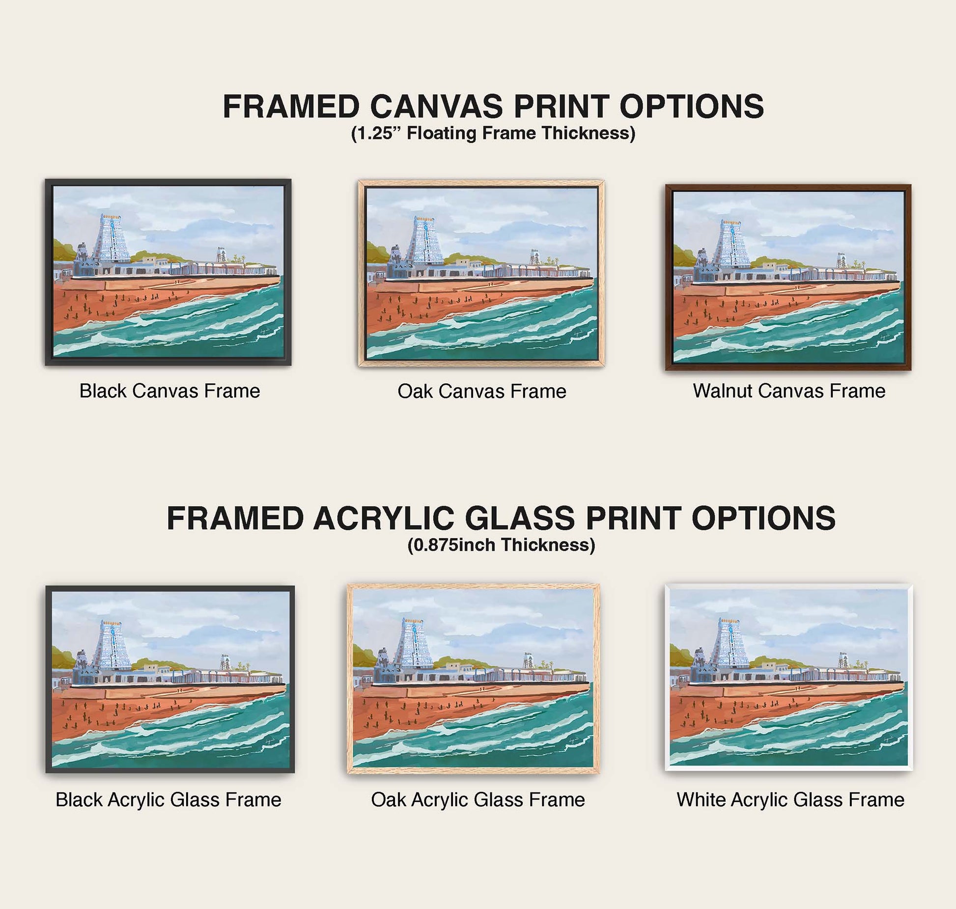 Comparison of framed canvas and acrylic glass print options with different frame colors.