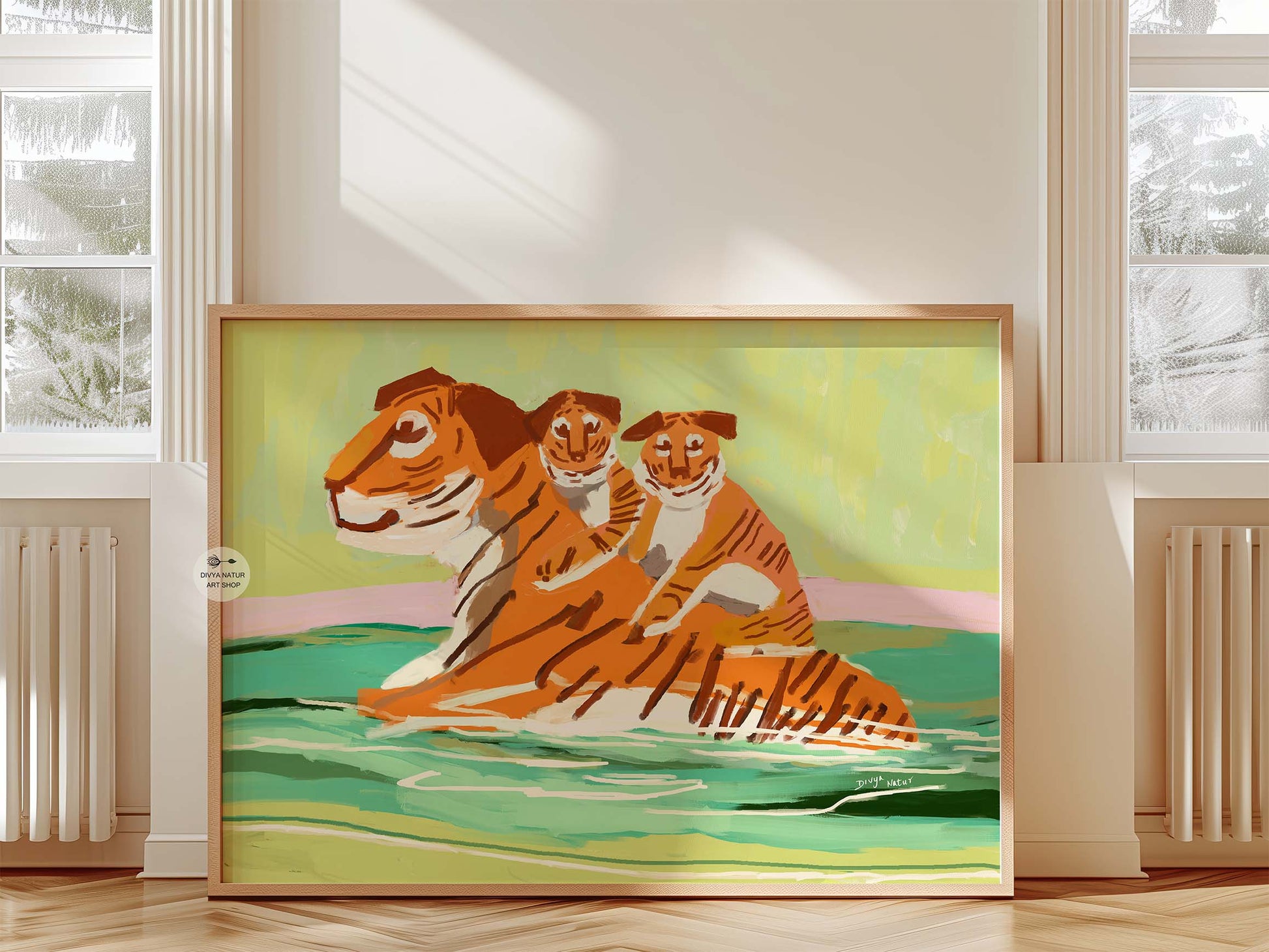 Tender mother tiger with cubs artwork, modern animal family art print in bright, uplifting palette