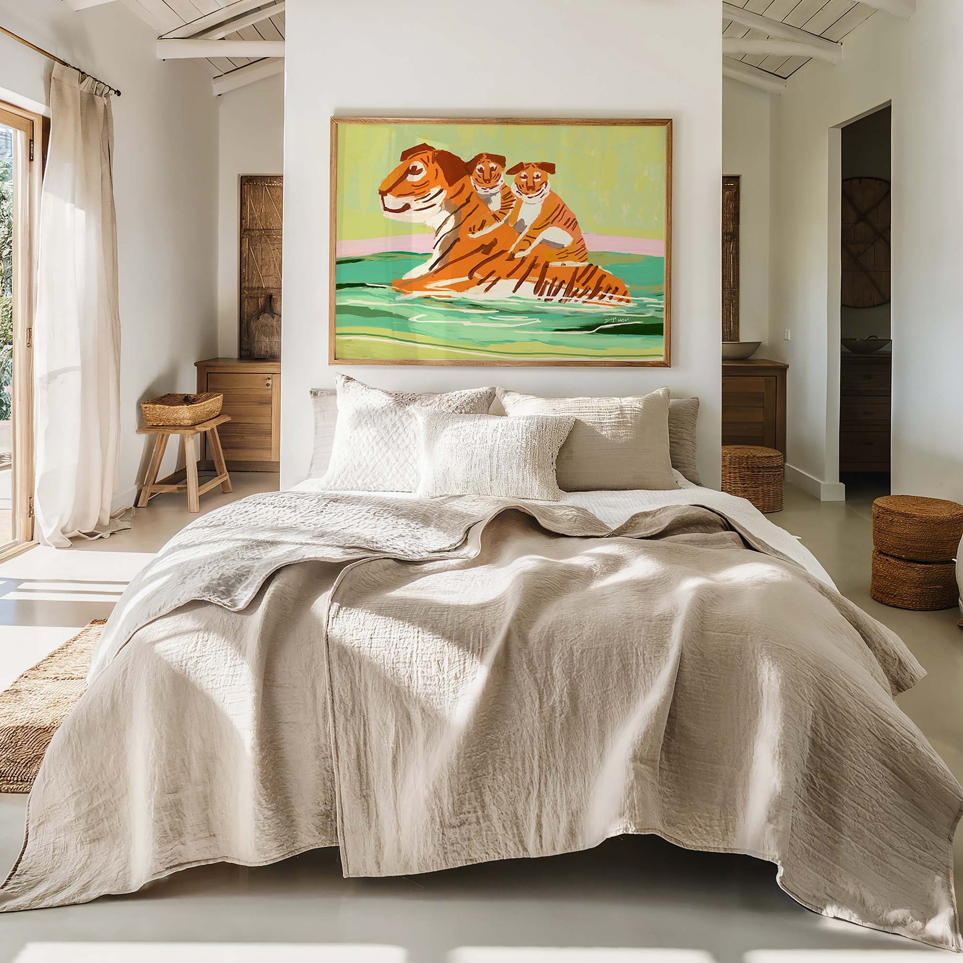 Jungle-inspired tiger wall art with cubs, contemporary fine art print for boho or safari nurseries
