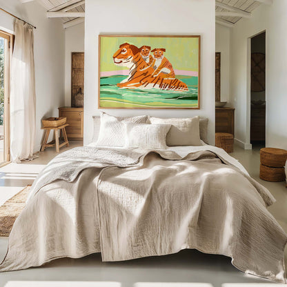 Jungle-inspired tiger wall art with cubs, contemporary fine art print for boho or safari nurseries