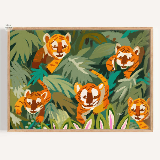 Five tiger cubs peeking through jungle leaves, playful wildlife fine art print in vivid colors