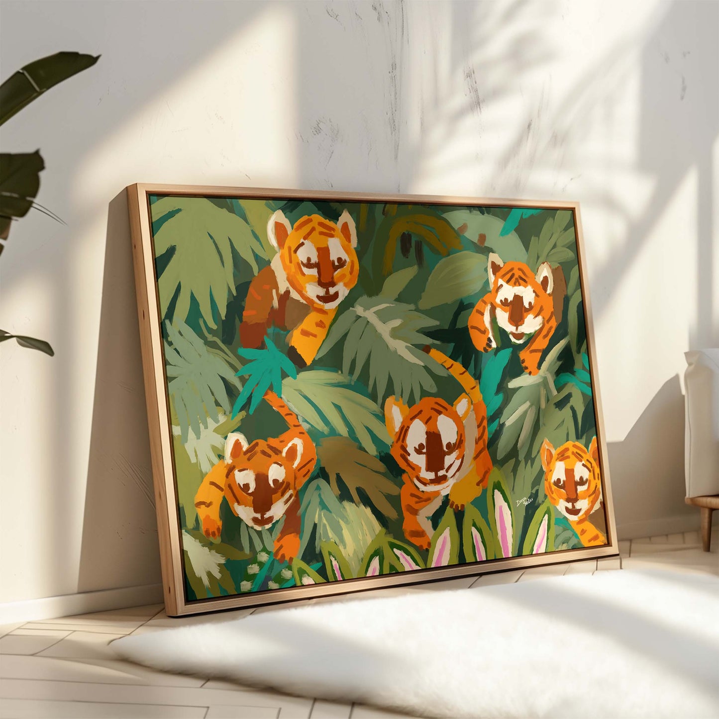 Modern wildlife print featuring five tiger cubs in jungle, archival art for animal lovers
