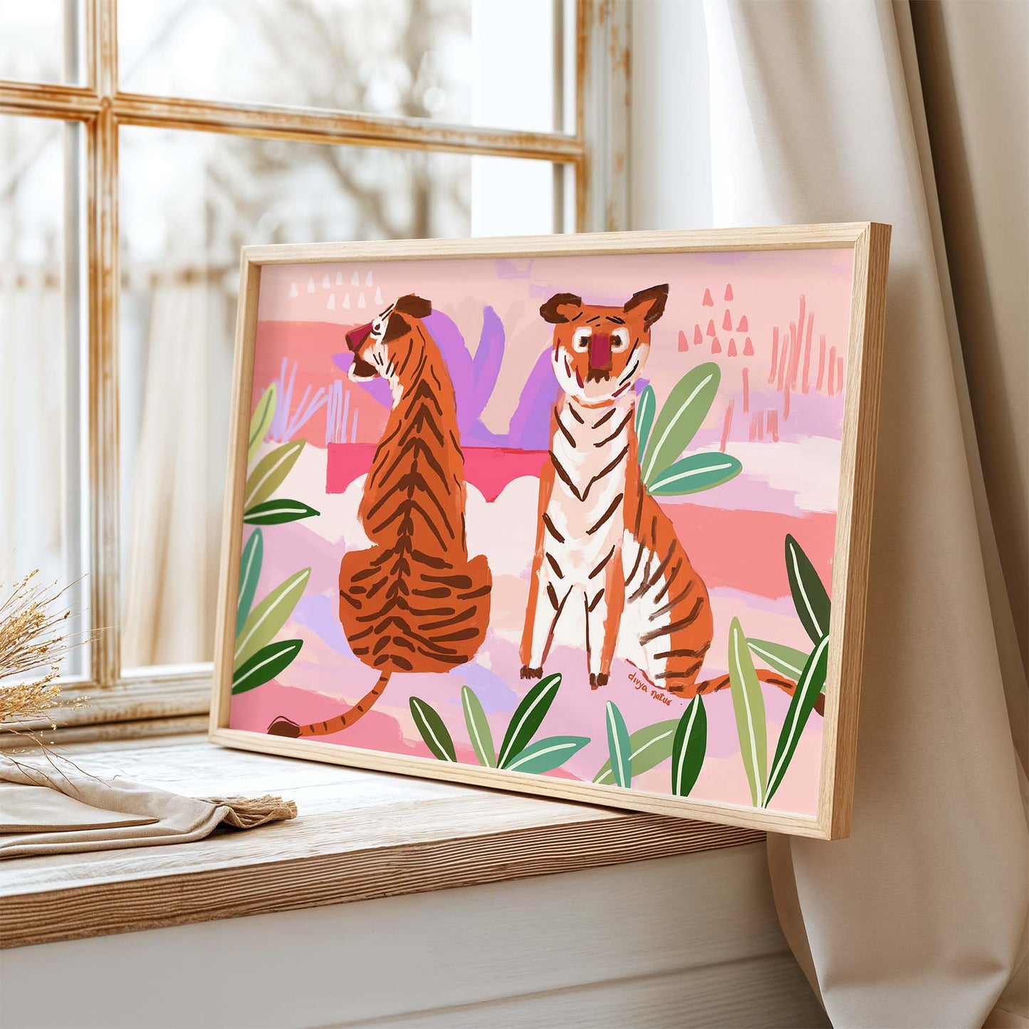 Contemporary tiger wall art with coral, pink, and green palette, nature-inspired boho print