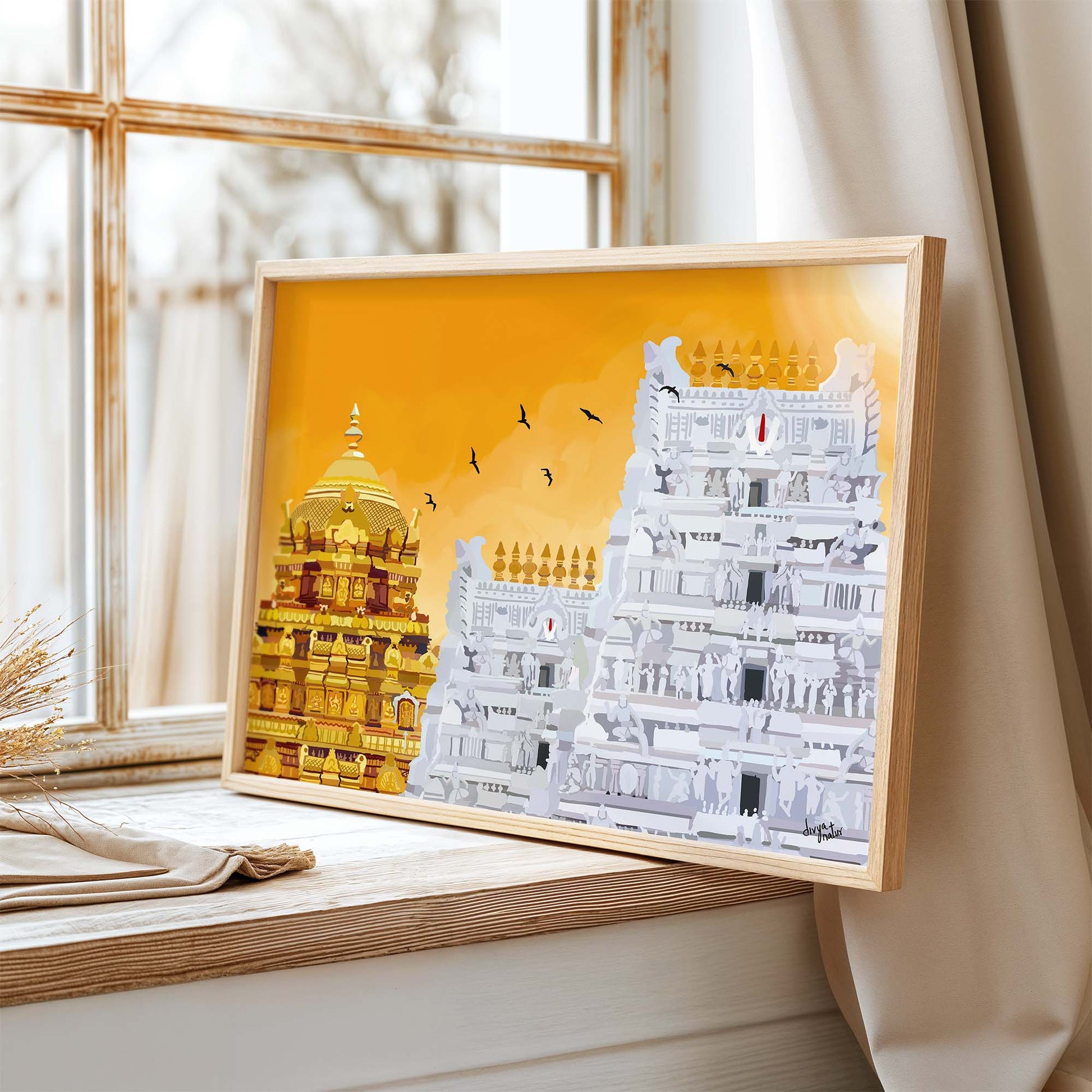 Tirupati Balaji temple artwork capturing divine aura with glowing Vimana and detailed gopuram