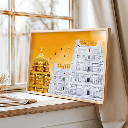 Tirupati Balaji temple artwork capturing divine aura with glowing Vimana and detailed gopuram