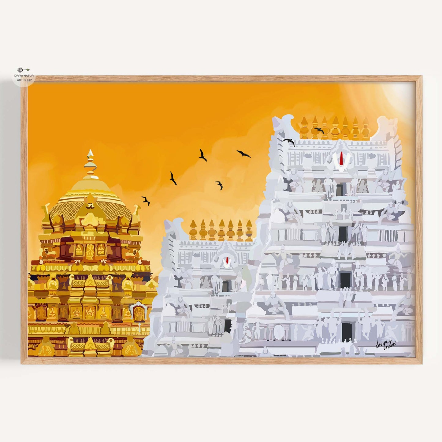 Tirupathi Temple art print with golden Vimana and gopuram glowing under a vibrant orange festival sky