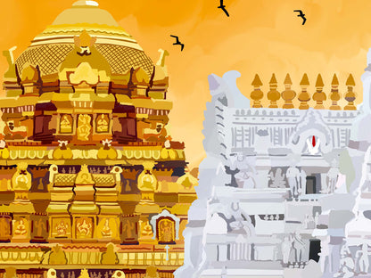 Hindu temple wall art showing sacred Tirupati temple architecture with orange sky background